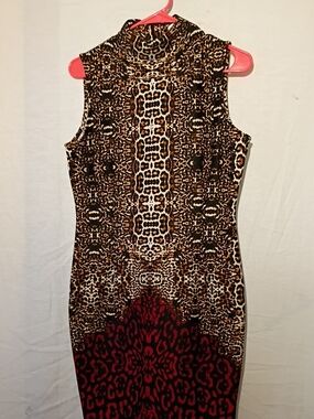 VENUS Animal-Print Sleeveless Bodycon Midi Dress in Brown and Red, Sz 10, NWOT